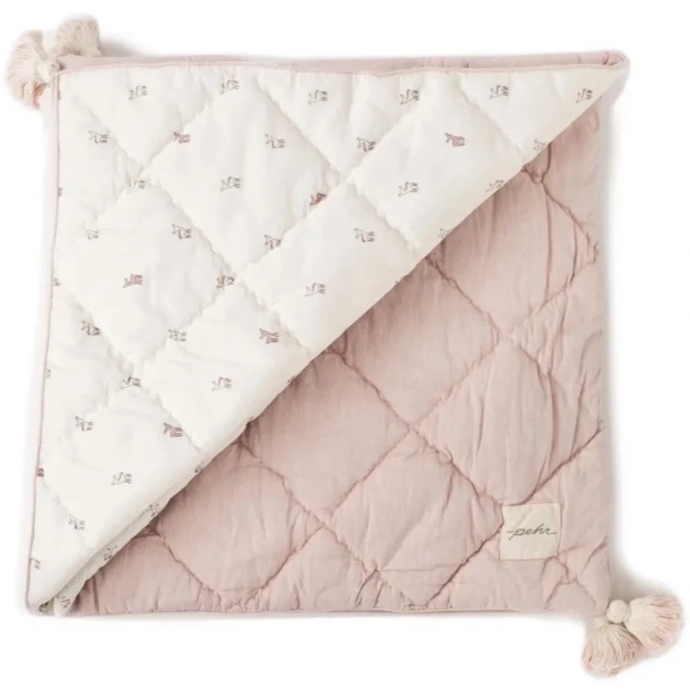 PEHR Quilted Cream & Dusty Rose NURSERY QUILT with Tassels SIZE 36”X 36”